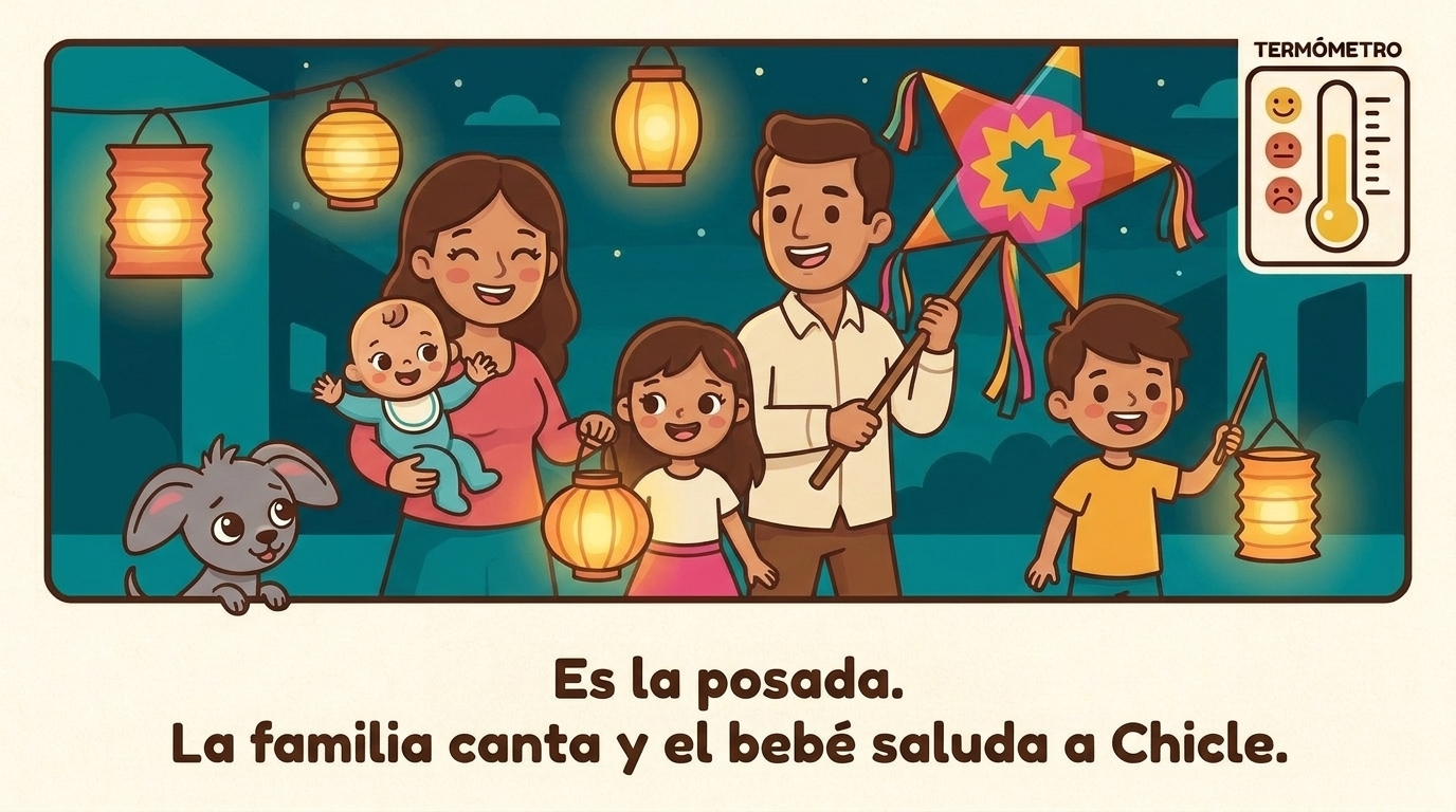 A family sings with lanterns and a star piñata at the posada while Chicle watches