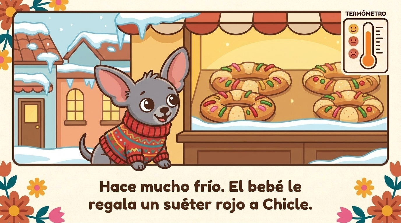 Chicle wears a red sweater outside a snowy bakery full of rosca de reyes