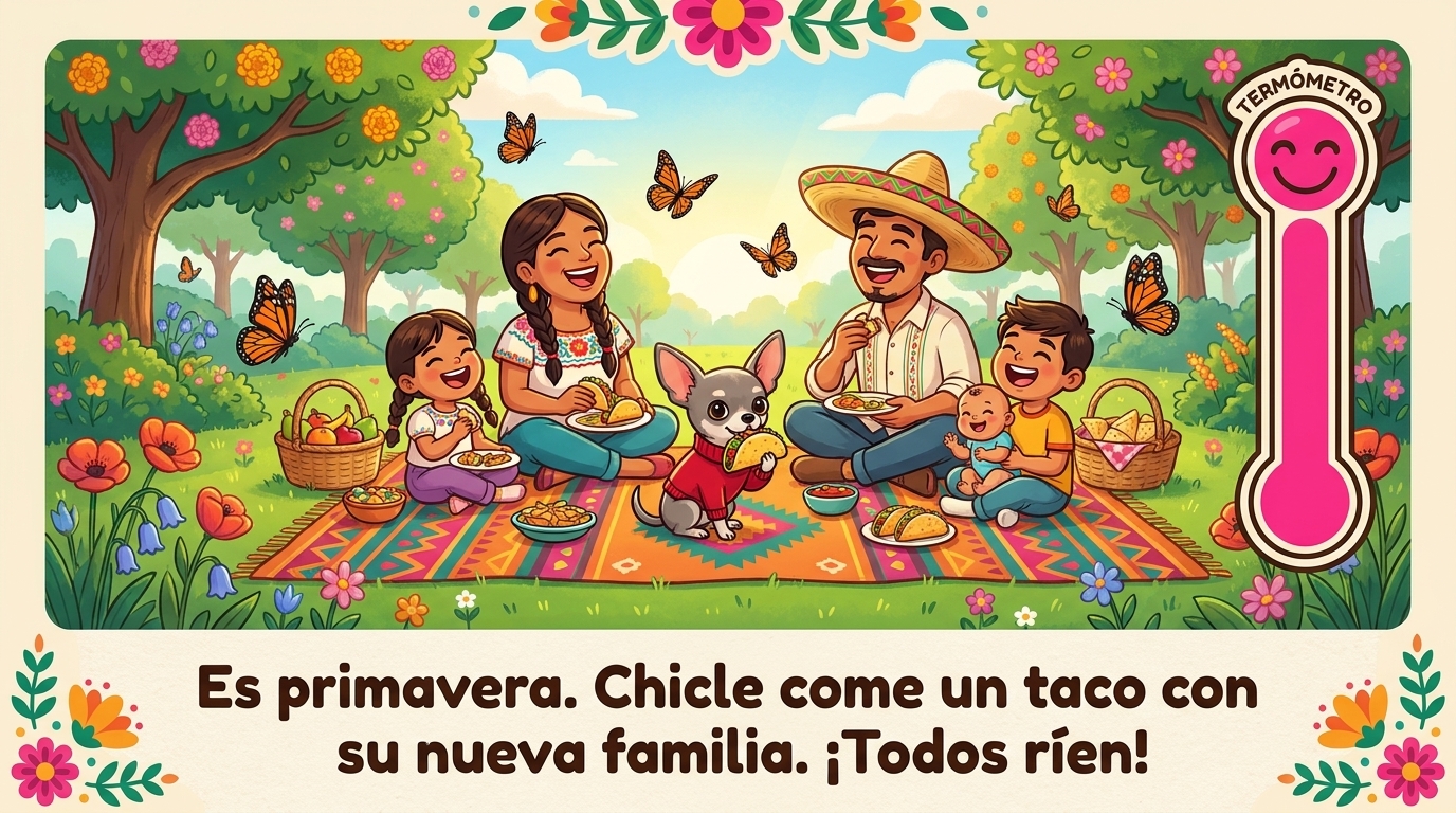 Chicle eats a taco with his new family at a spring picnic